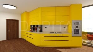 žlutá zaoblená kuchyň